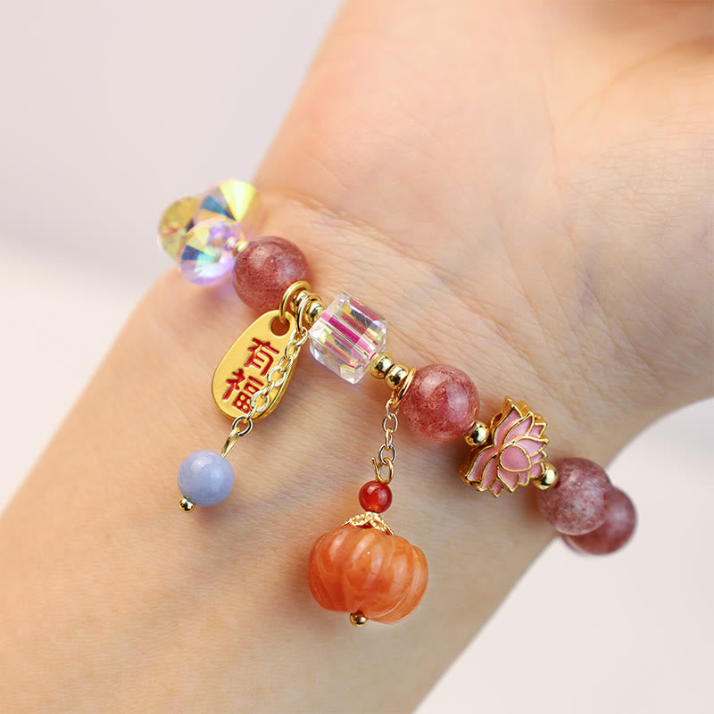 Buddha Stones Natural Strawberry Quartz Fu Character Pumpkin Charm Positive Bracelet - image 9