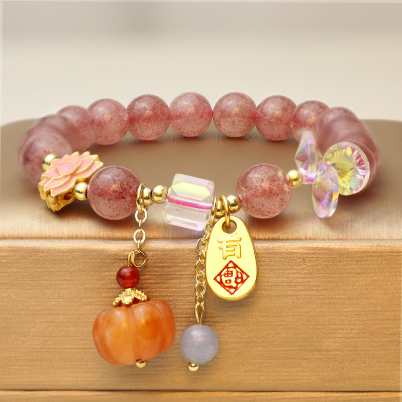 Buddha Stones Natural Strawberry Quartz Fu Character Pumpkin Charm Positive Bracelet - image 4
