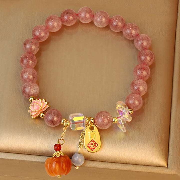Buddha Stones Natural Strawberry Quartz Fu Character Pumpkin Charm Positive Bracelet - image 6