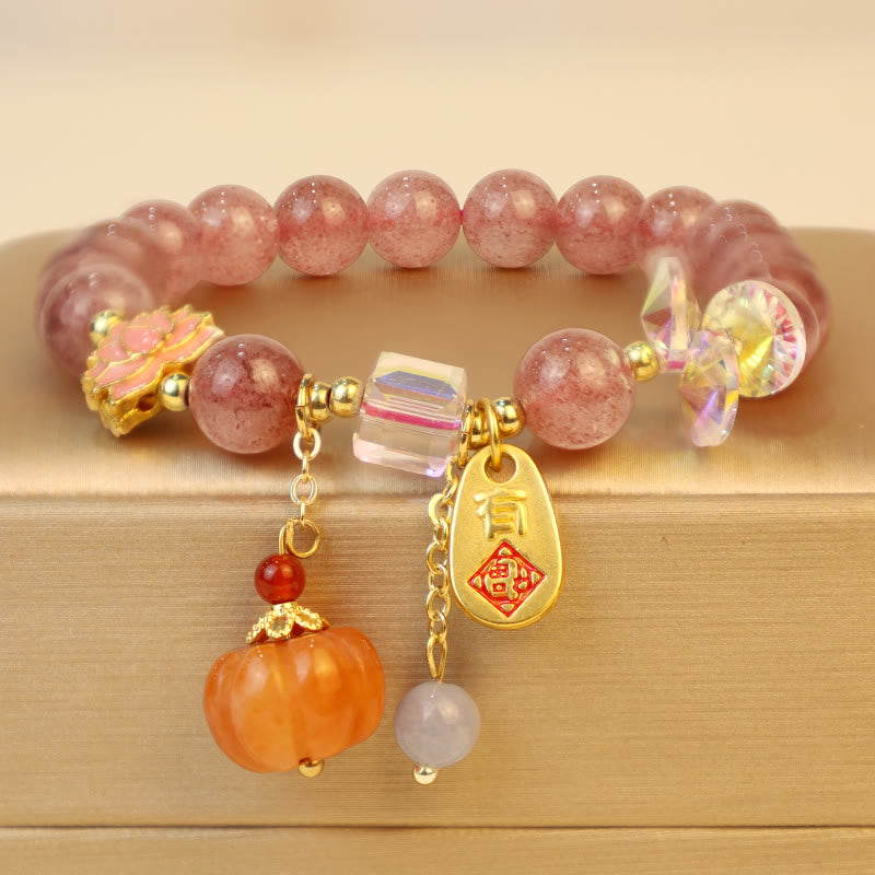 Buddha Stones Natural Strawberry Quartz Fu Character Pumpkin Charm Positive Bracelet - Strawberry Quartz(Wrist Circumference 14-16cm) - image 0
