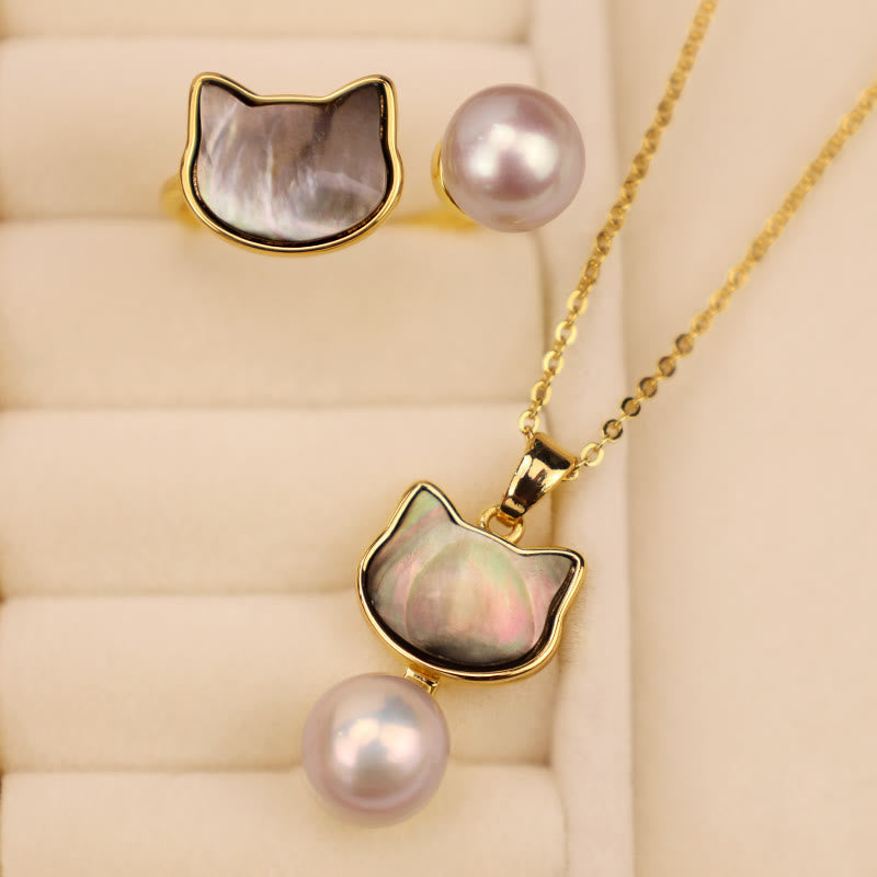 Buddha Stones Natural Pearl Copper Cat Healing Necklace Pendant Earrings - image 0