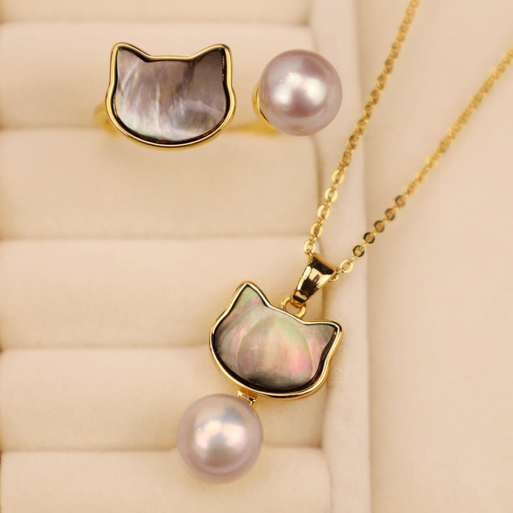 Buddha Stones Natural Pearl Copper Cat Healing Necklace Pendant Earrings - image 0