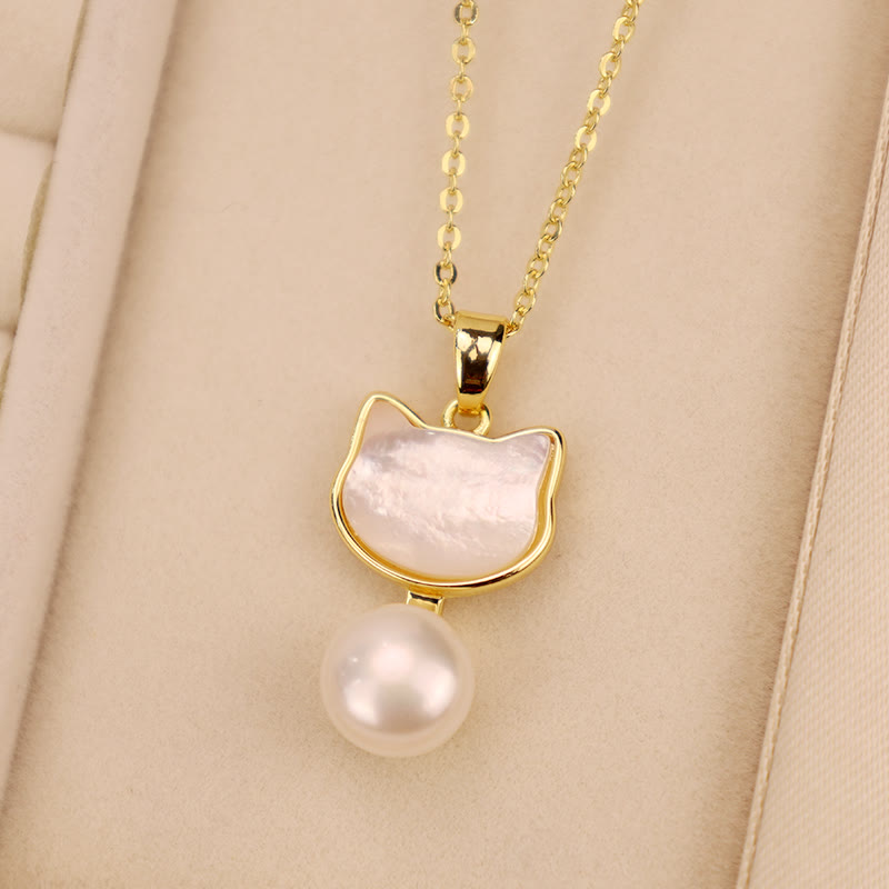 Buddha Stones Natural Pearl Copper Cat Healing Necklace Pendant Earrings - White-Necklace(Necklace Length: 40cm) - image 9