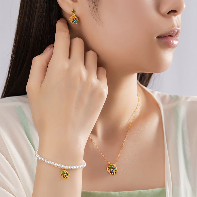 Buddha Stones 925 Sterling Silver Four Leaf Clover Flower Hetian Cyan Jade Pearl Healing Necklace Pendant Bracelet Earrings Set - image 1