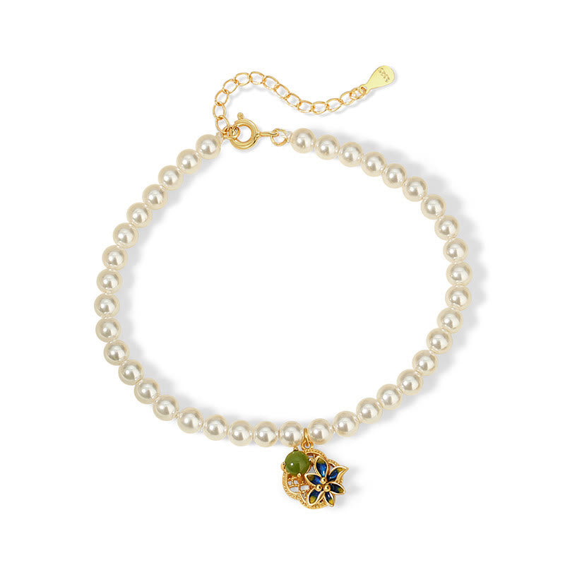 Buddha Stones 925 Sterling Silver Four Leaf Clover Flower Hetian Cyan Jade Pearl Healing Necklace Pendant Bracelet Earrings Set - Bracelet(Wrist Circumference 14-17cm) - image 8