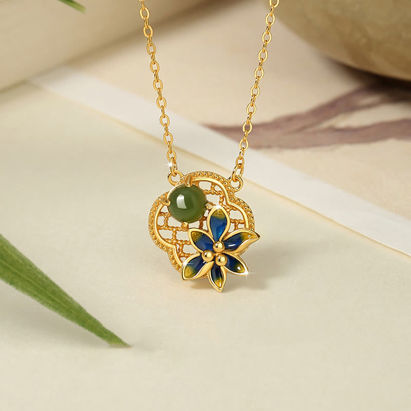 Buddha Stones 925 Sterling Silver Four Leaf Clover Flower Hetian Cyan Jade Pearl Healing Necklace Pendant Bracelet Earrings Set - Necklace - image 2