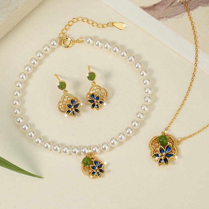 Buddha Stones 925 Sterling Silver Four Leaf Clover Flower Hetian Cyan Jade Pearl Healing Necklace Pendant Bracelet Earrings Set - 3Pcs(Necklace Bracelet&Earrings) - image 0