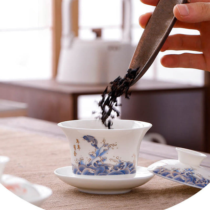 Buddha Stones White Porcelain Mountain Landscape Countryside Ceramic Gaiwan Teacup Kung Fu Tea Cup And Saucer With Lid - image 5