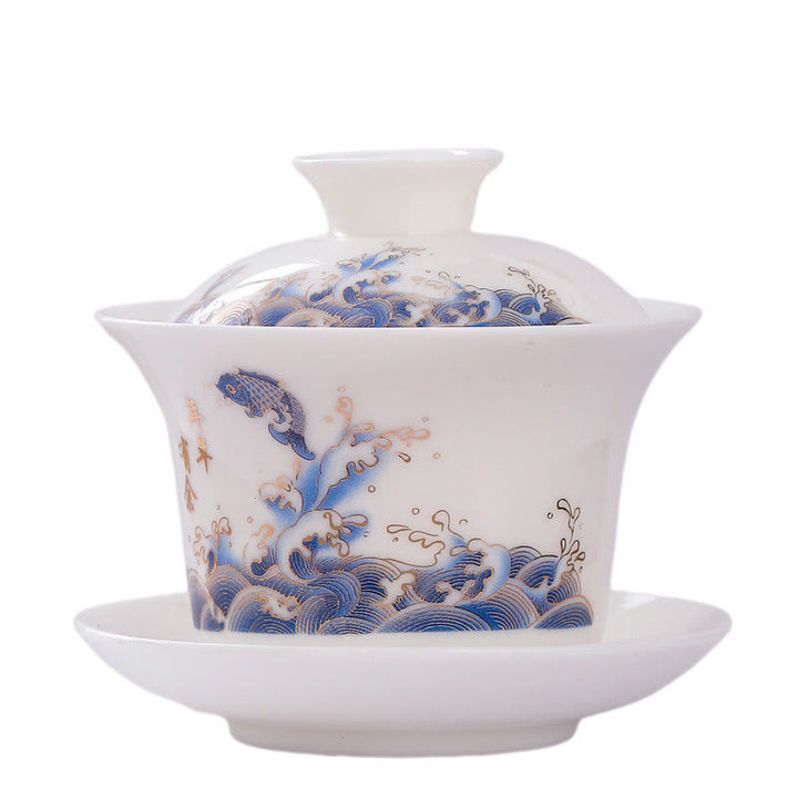 Buddha Stones White Porcelain Mountain Landscape Countryside Ceramic Gaiwan Teacup Kung Fu Tea Cup And Saucer With Lid - image 11