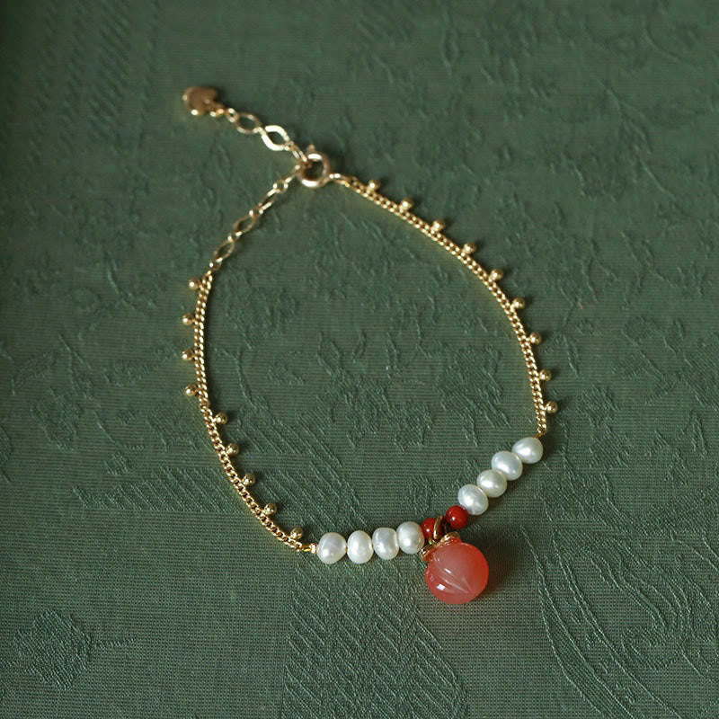 Buddha Stones Gold-plated Copper Natural Yanyuan Agate Pearl Positive Necklace Pendant Bracelet Earrings Set - Bracelet(Wrist Circumference 14-16cm) - image 5