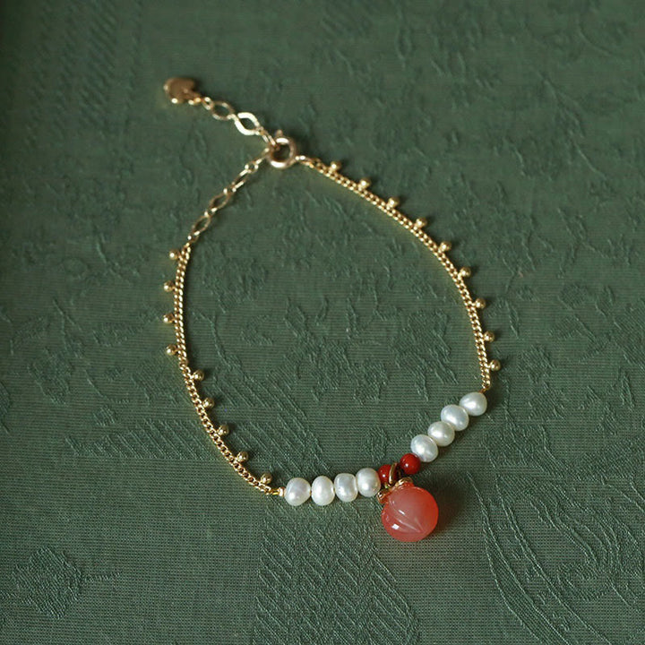 Buddha Stones Gold-plated Copper Natural Yanyuan Agate Pearl Positive Necklace Pendant Bracelet Earrings Set - Bracelet(Wrist Circumference 14-16cm) - image 5