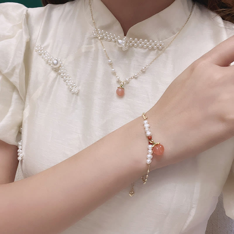 Buddha Stones Gold-plated Copper Natural Yanyuan Agate Pearl Positive Necklace Pendant Bracelet Earrings Set - image 2