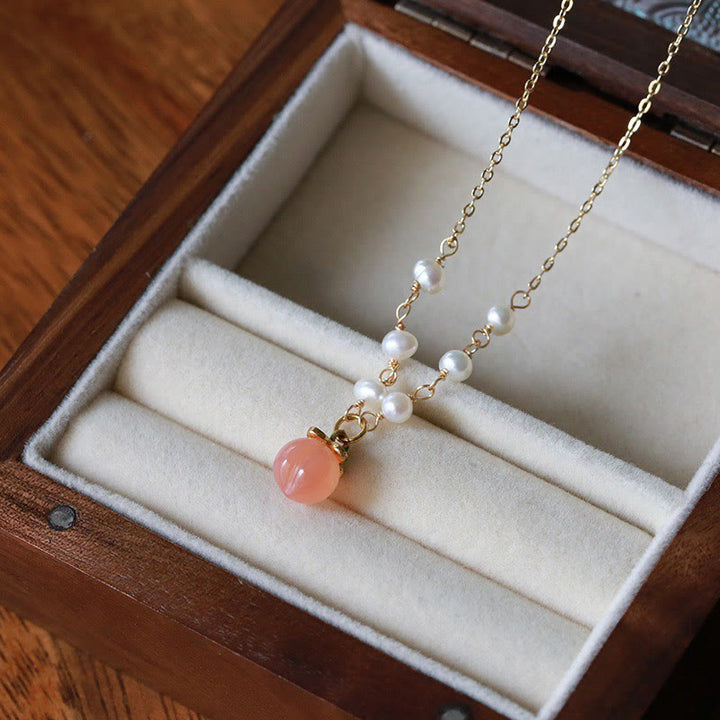 Buddha Stones Gold-plated Copper Natural Yanyuan Agate Pearl Positive Necklace Pendant Bracelet Earrings Set - Necklace - image 3