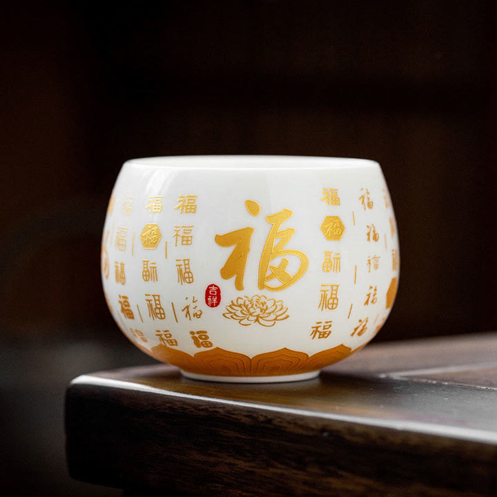 Buddha Stones Buddhist Heart Sutra Small Fu Character Ceramic Gaiwan Teacup Kung Fu Tea Cup And Saucer With Lid - Fu Character Cup(6cm*6.8cm*180ml) - image 8