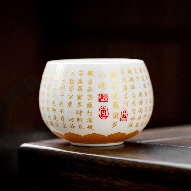 Buddha Stones Buddhist Heart Sutra Small Fu Character Ceramic Gaiwan Teacup Kung Fu Tea Cup And Saucer With Lid - Heart Sutra Cup(6cm*6.8cm*180ml) - image 1