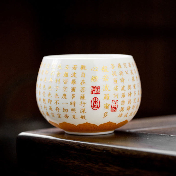 Buddha Stones Buddhist Heart Sutra Small Fu Character Ceramic Gaiwan Teacup Kung Fu Tea Cup And Saucer With Lid - Heart Sutra Cup(6cm*6.8cm*180ml) - image 1