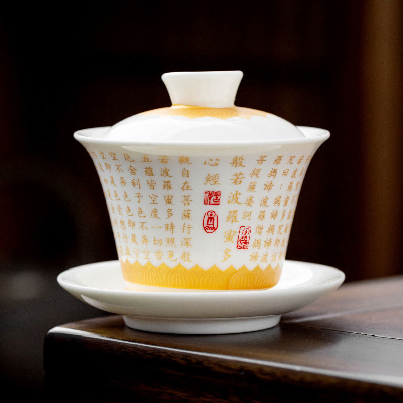 Buddha Stones Buddhist Heart Sutra Small Fu Character Ceramic Gaiwan Teacup Kung Fu Tea Cup And Saucer With Lid - Heart Sutra Gaiwan(9.4cm*9.5cm*150ml) - image 9