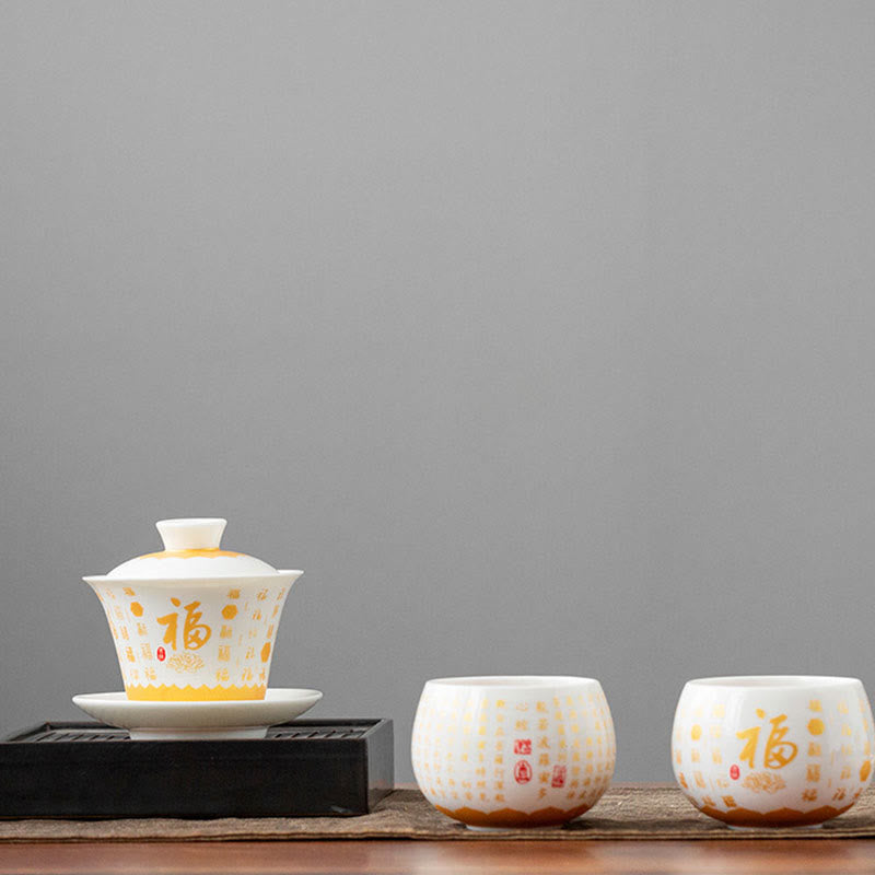 Buddha Stones Buddhist Heart Sutra Small Fu Character Ceramic Gaiwan Teacup Kung Fu Tea Cup And Saucer With Lid - image 14