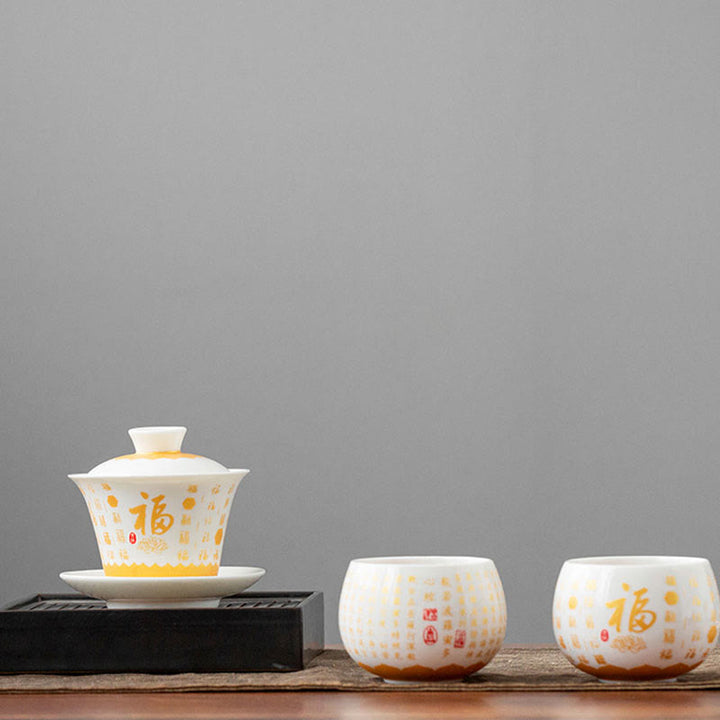 Buddha Stones Buddhist Heart Sutra Small Fu Character Ceramic Gaiwan Teacup Kung Fu Tea Cup And Saucer With Lid - image 14