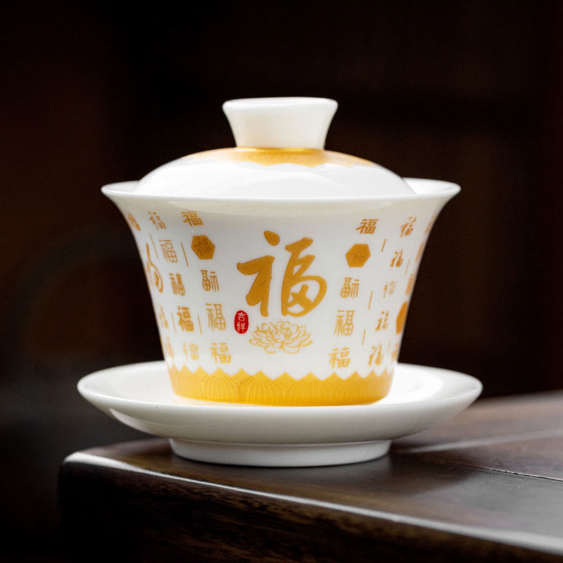 Buddha Stones Buddhist Heart Sutra Small Fu Character Ceramic Gaiwan Teacup Kung Fu Tea Cup And Saucer With Lid - Fu haracter Gaiwan(9.4cm*9.5cm*150ml) - image 15