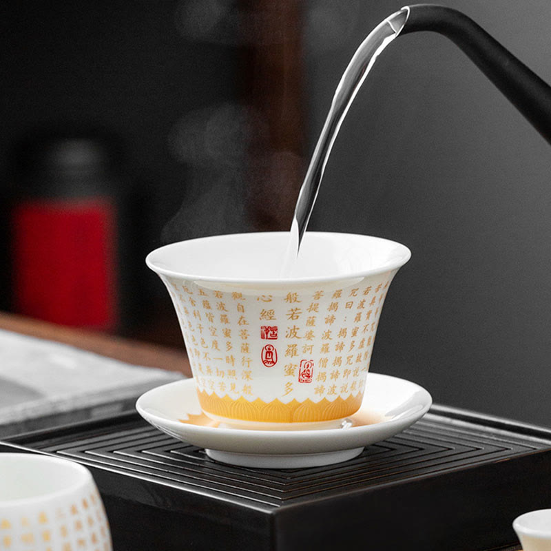 Buddha Stones Buddhist Heart Sutra Small Fu Character Ceramic Gaiwan Teacup Kung Fu Tea Cup And Saucer With Lid - image 13