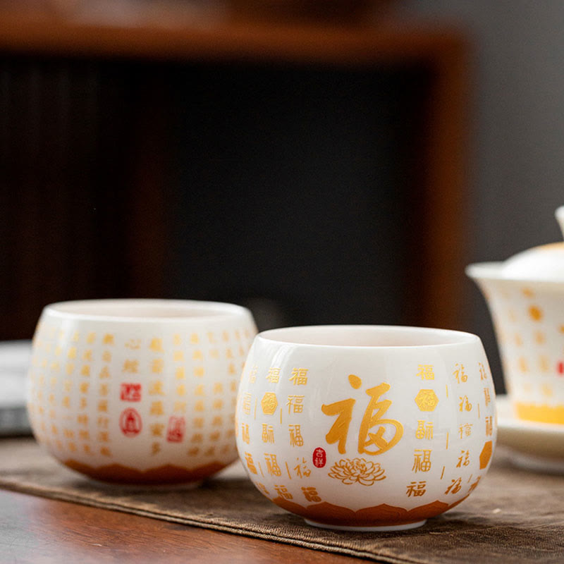 Buddha Stones Buddhist Heart Sutra Small Fu Character Ceramic Gaiwan Teacup Kung Fu Tea Cup And Saucer With Lid - image 7