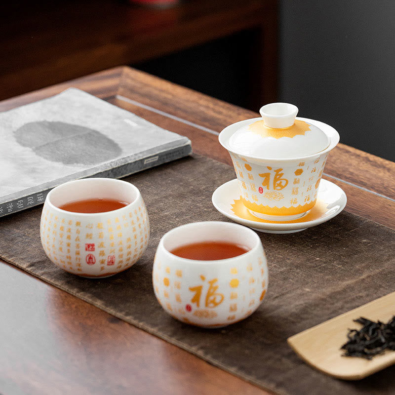 Buddha Stones Buddhist Heart Sutra Small Fu Character Ceramic Gaiwan Teacup Kung Fu Tea Cup And Saucer With Lid - image 0