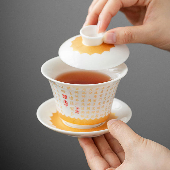 Buddha Stones Buddhist Heart Sutra Small Fu Character Ceramic Gaiwan Teacup Kung Fu Tea Cup And Saucer With Lid - image 12