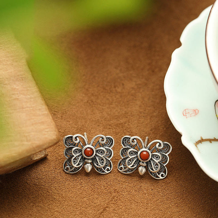 Buddha Stones 925 Sterling Silver Red Agate Butterfly Self-acceptance Ring Earrings Set - image 17