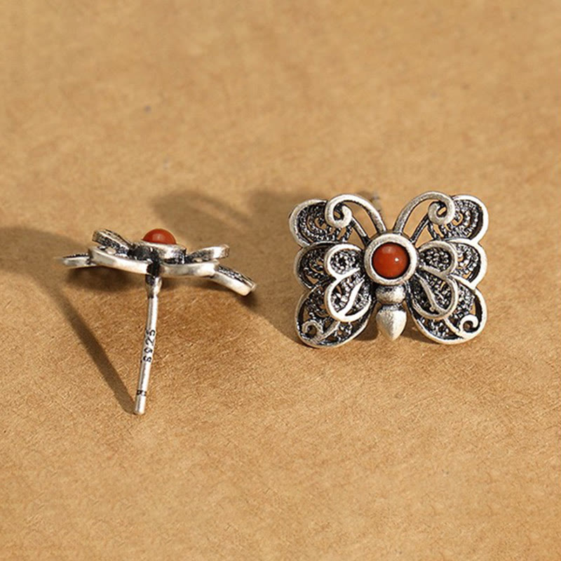 Buddha Stones 925 Sterling Silver Red Agate Butterfly Self-acceptance Ring Earrings Set - image 15