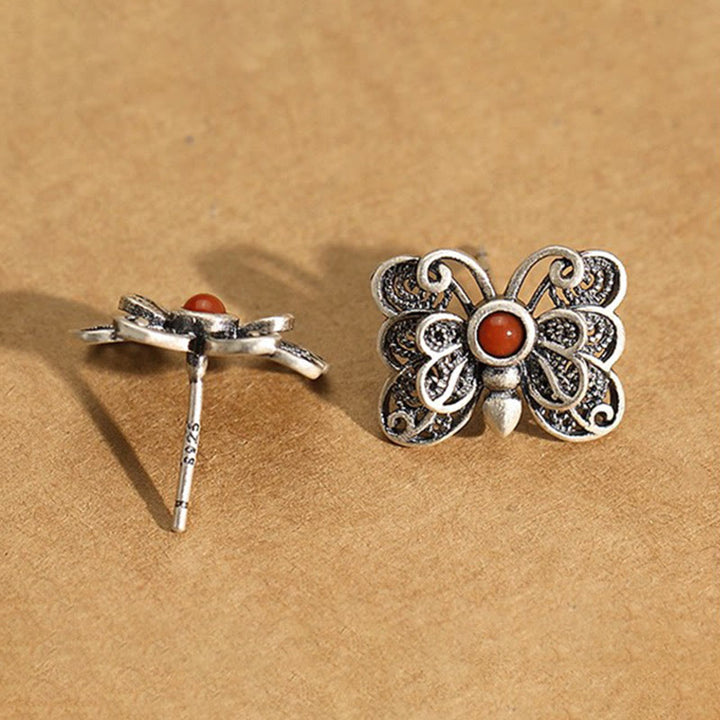 Buddha Stones 925 Sterling Silver Red Agate Butterfly Self-acceptance Ring Earrings Set - image 15