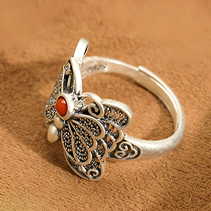 Buddha Stones 925 Sterling Silver Red Agate Butterfly Self-acceptance Ring Earrings Set - image 4