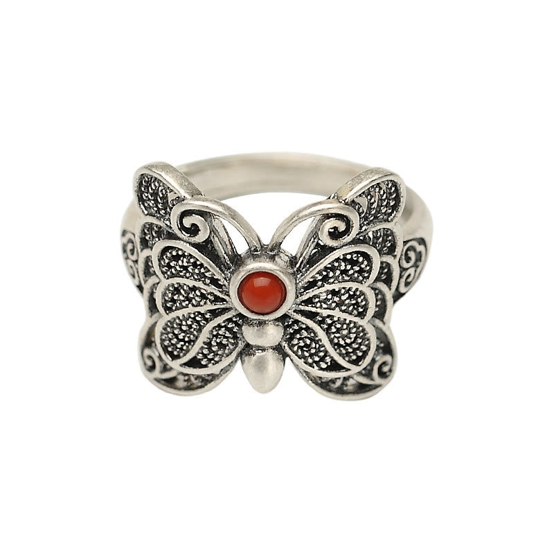 Buddha Stones 925 Sterling Silver Red Agate Butterfly Self-acceptance Ring Earrings Set - image 9