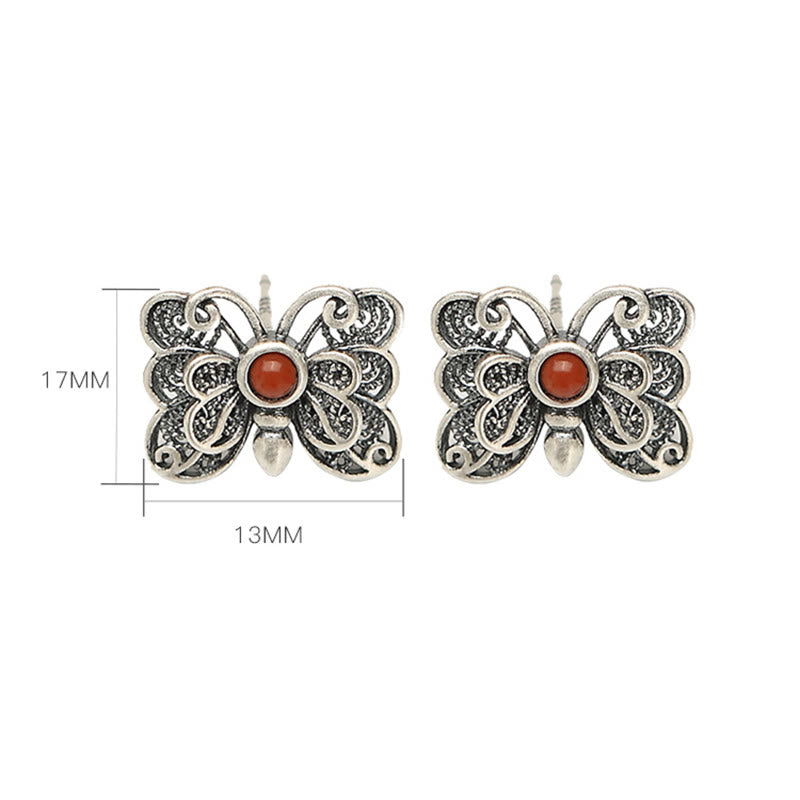 Buddha Stones 925 Sterling Silver Red Agate Butterfly Self-acceptance Ring Earrings Set - image 18