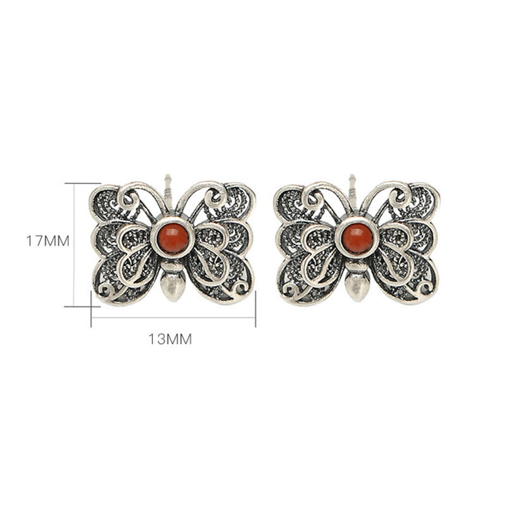 Buddha Stones 925 Sterling Silver Red Agate Butterfly Self-acceptance Ring Earrings Set - image 18