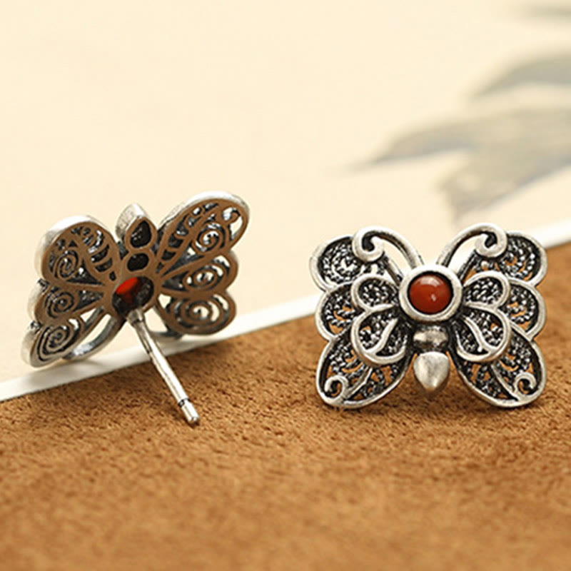 Buddha Stones 925 Sterling Silver Red Agate Butterfly Self-acceptance Ring Earrings Set - image 16
