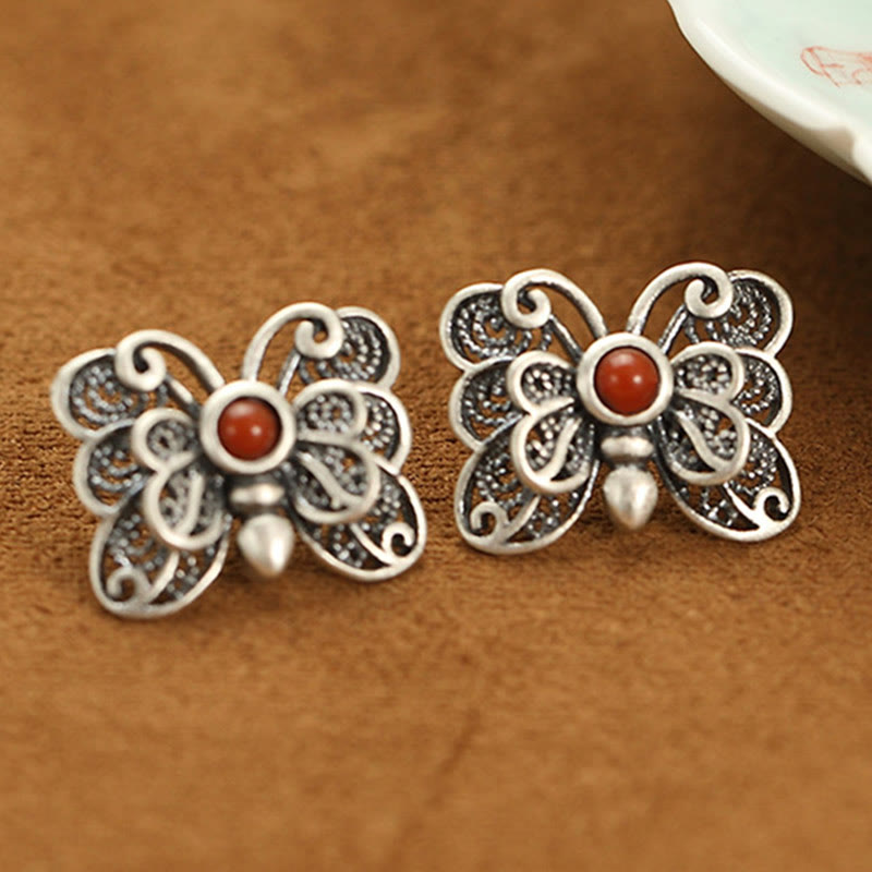 Buddha Stones 925 Sterling Silver Red Agate Butterfly Self-acceptance Ring Earrings Set - Earrings(925 Sterling Silver Posts) - image 11