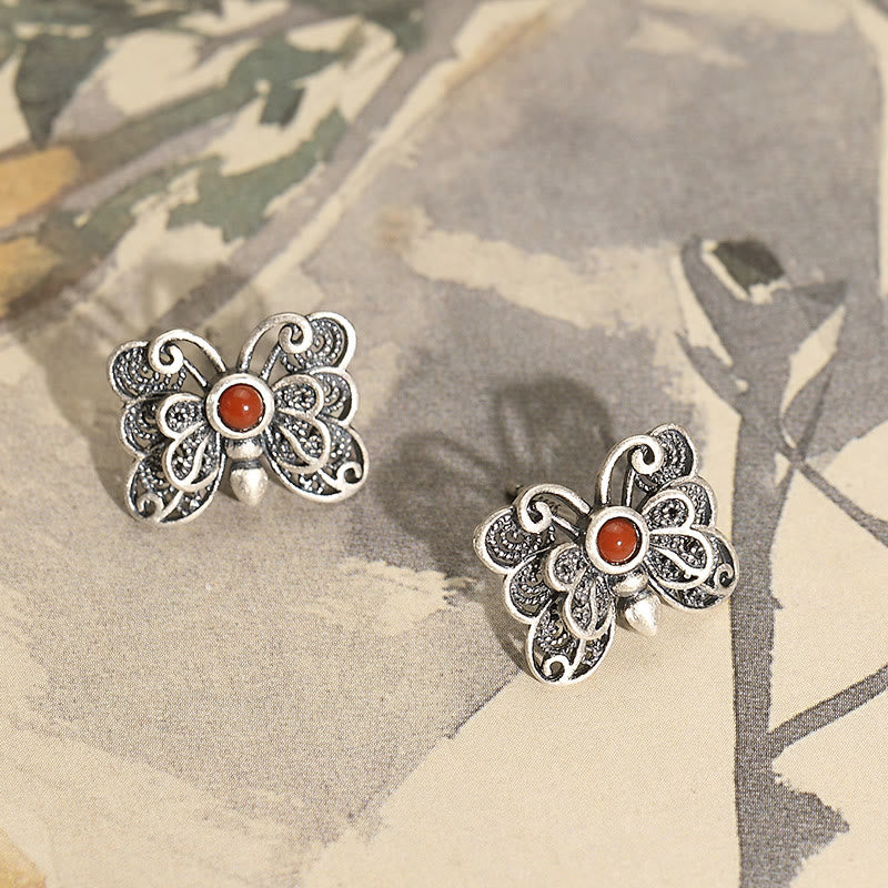 Buddha Stones 925 Sterling Silver Red Agate Butterfly Self-acceptance Ring Earrings Set - image 14