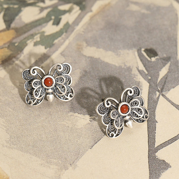 Buddha Stones 925 Sterling Silver Red Agate Butterfly Self-acceptance Ring Earrings Set - image 14