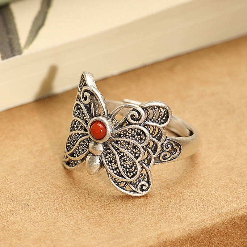 Buddha Stones 925 Sterling Silver Red Agate Butterfly Self-acceptance Ring Earrings Set - image 2