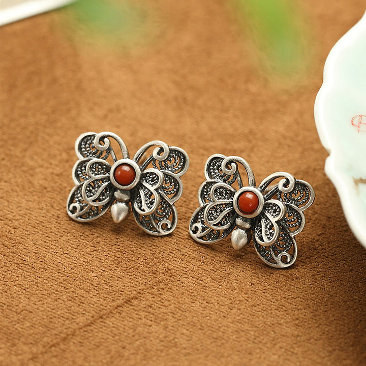 Buddha Stones 925 Sterling Silver Red Agate Butterfly Self-acceptance Ring Earrings Set - image 13