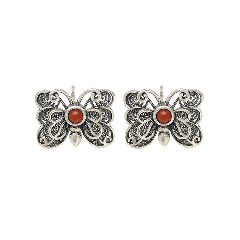Buddha Stones 925 Sterling Silver Red Agate Butterfly Self-acceptance Ring Earrings Set - image 19