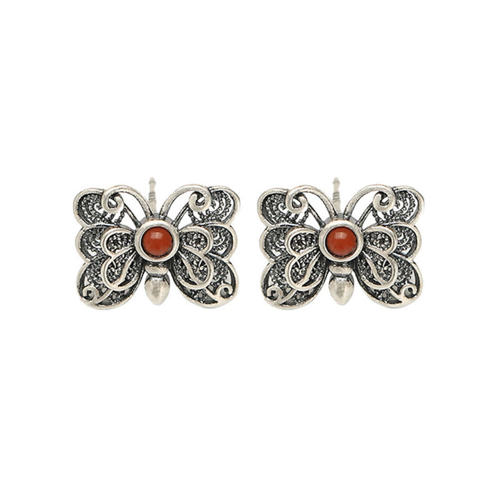 Buddha Stones 925 Sterling Silver Red Agate Butterfly Self-acceptance Ring Earrings Set - image 19