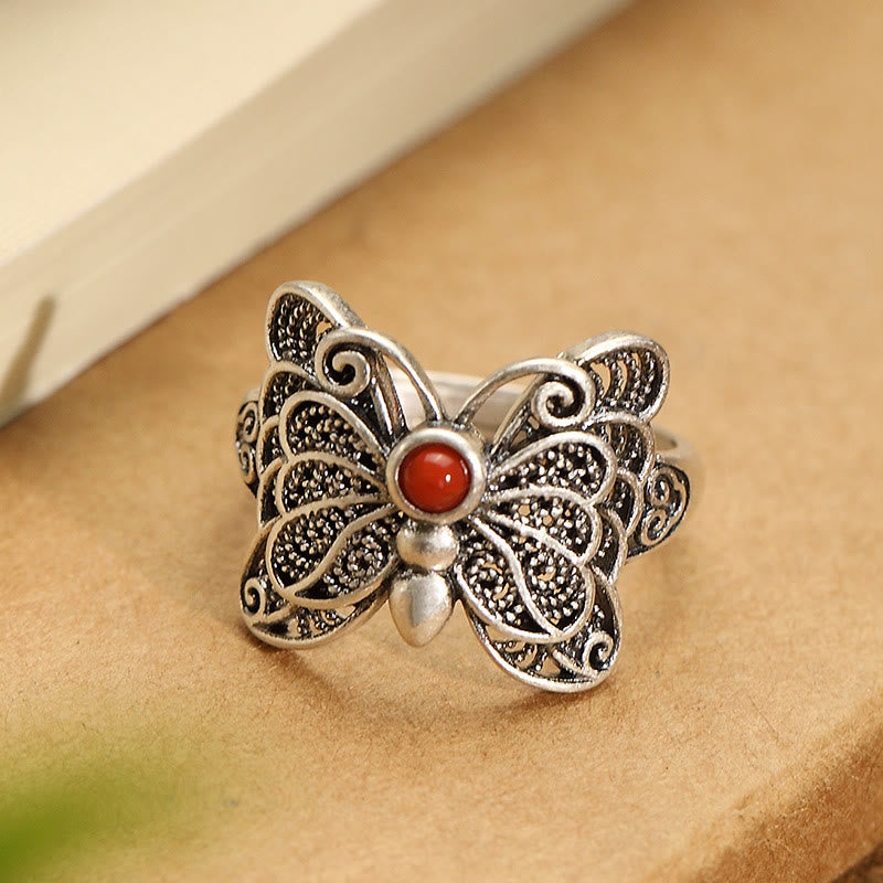 Buddha Stones 925 Sterling Silver Red Agate Butterfly Self-acceptance Ring Earrings Set - Ring(Inner Perimeter 54-60mm Adjustable) - image 1