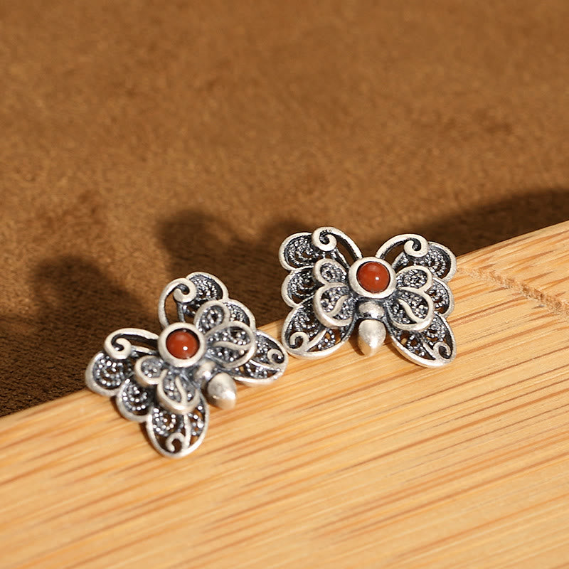 Buddha Stones 925 Sterling Silver Red Agate Butterfly Self-acceptance Ring Earrings Set - image 12