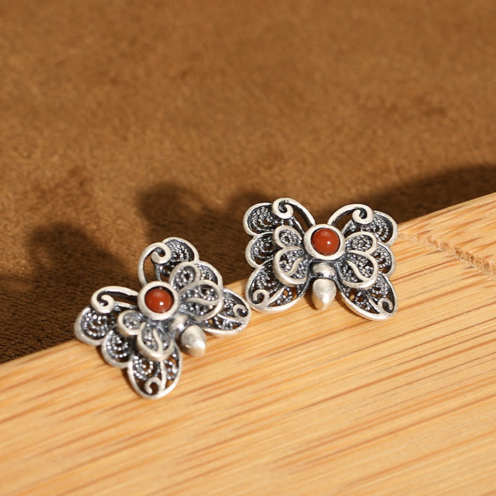 Buddha Stones 925 Sterling Silver Red Agate Butterfly Self-acceptance Ring Earrings Set - image 12