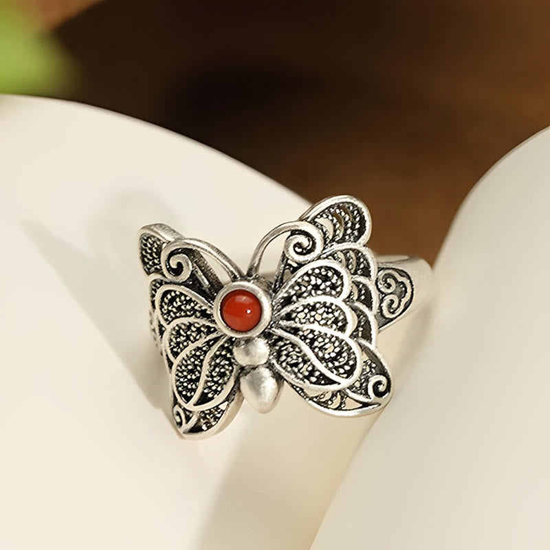Buddha Stones 925 Sterling Silver Red Agate Butterfly Self-acceptance Ring Earrings Set - image 7