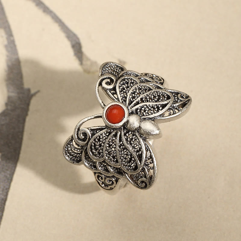Buddha Stones 925 Sterling Silver Red Agate Butterfly Self-acceptance Ring Earrings Set - image 3