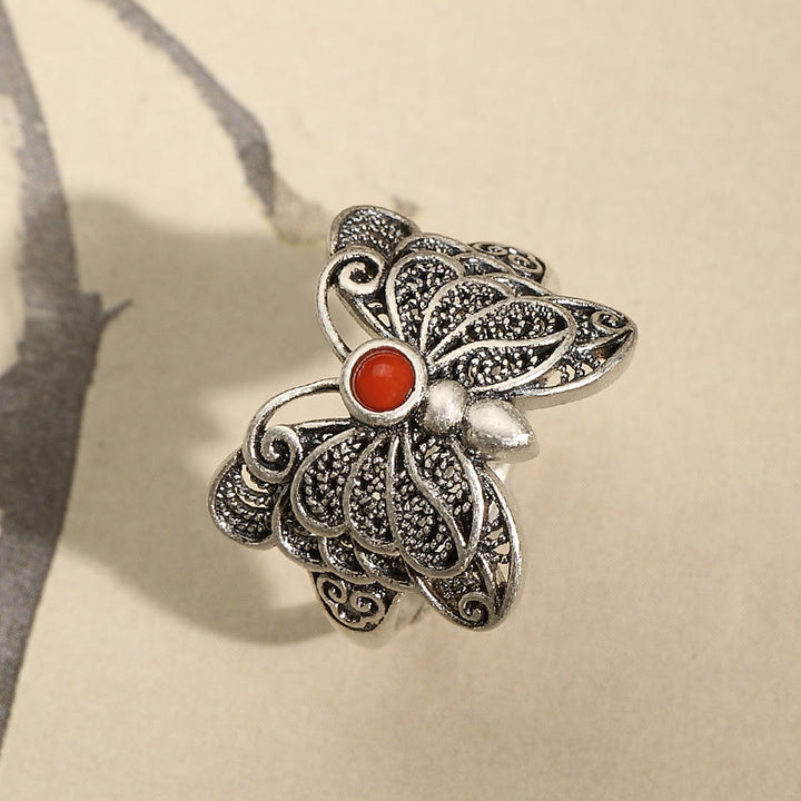 Buddha Stones 925 Sterling Silver Red Agate Butterfly Self-acceptance Ring Earrings Set - image 3