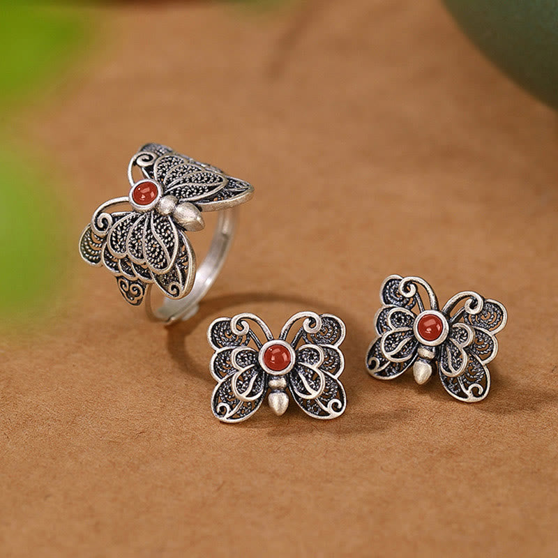 Buddha Stones 925 Sterling Silver Red Agate Butterfly Self-acceptance Ring Earrings Set - 2Pcs(Ring&Earrings) - image 0